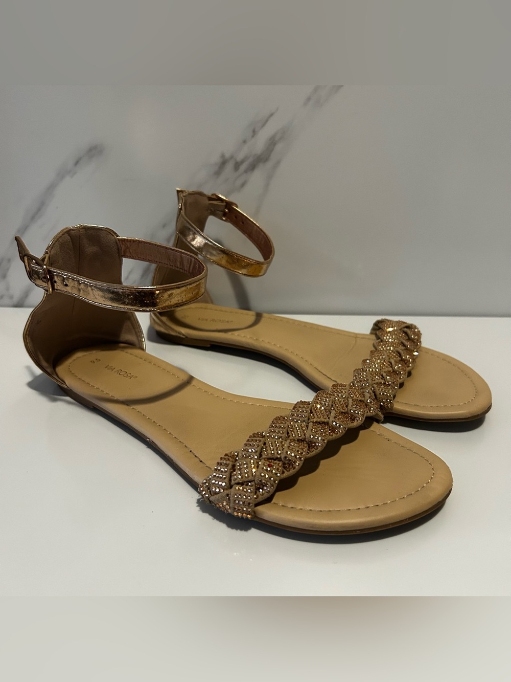 Via Rosa Metallic Gold Braided Ankle-Strap Sandals
